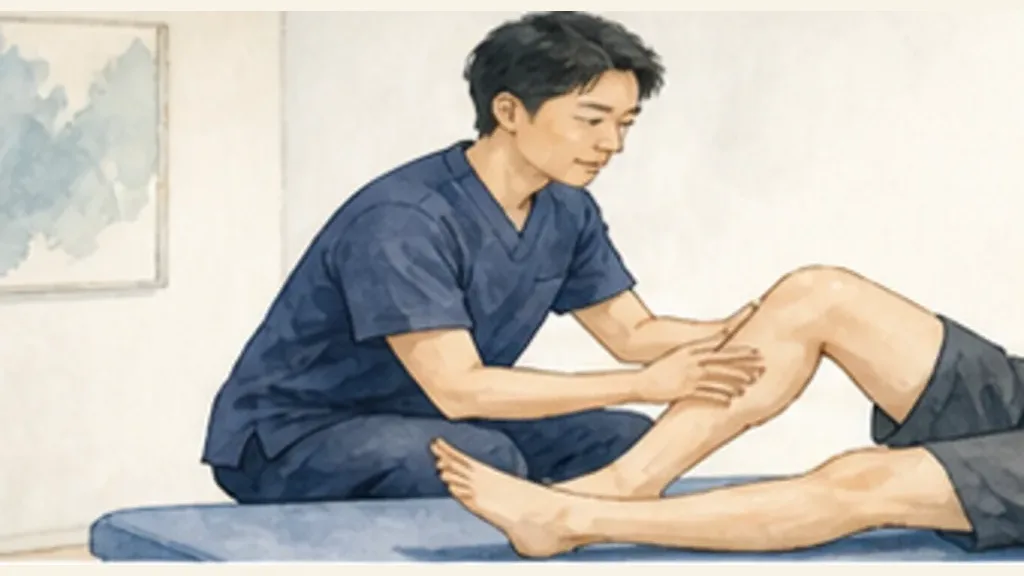医療スタッフが患者の膝と下肢を診察する水彩イラスト