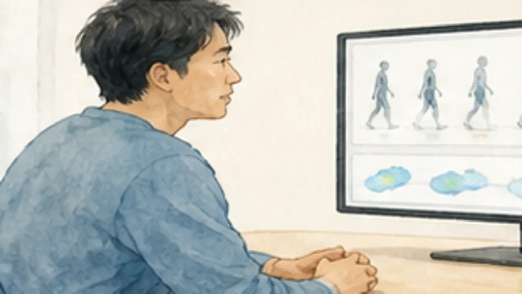 画面に表示された歩行と足底圧の解析結果を見る人物の水彩イラスト