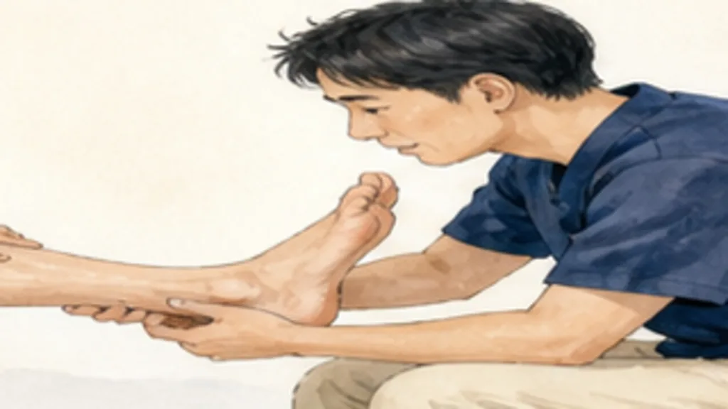医療スタッフが患者の足を診察する水彩イラスト