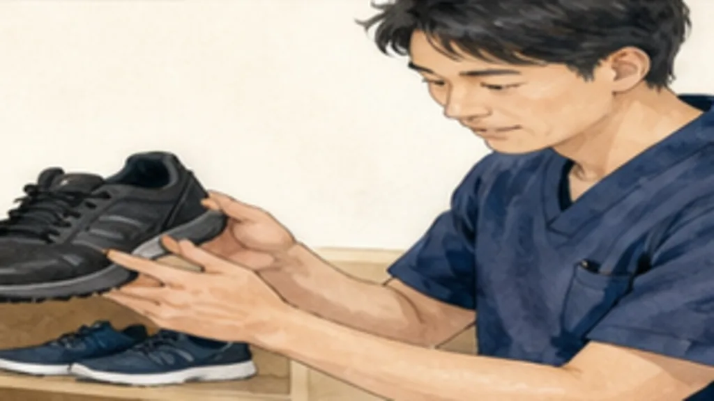 医療スタッフが靴の形と適合を確認する水彩イラスト