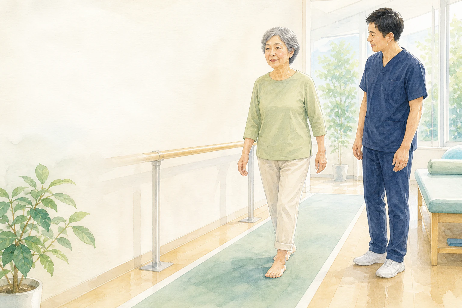 歩行時の足元を見守る診療場面の水彩イラスト