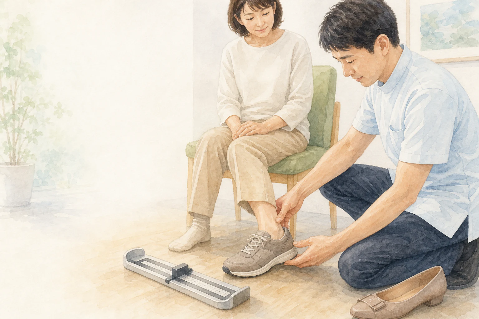 足の長さを測り靴の適合を確認する水彩イラスト