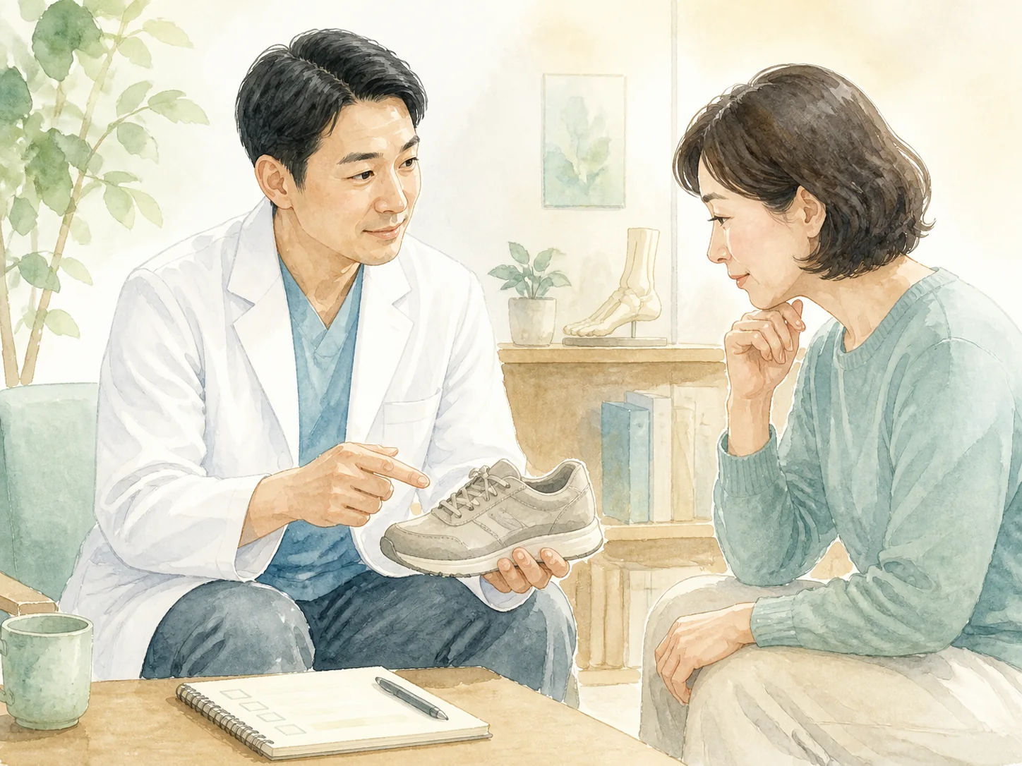 医師と患者が靴と保存的な対応方針を確認する水彩イラスト
