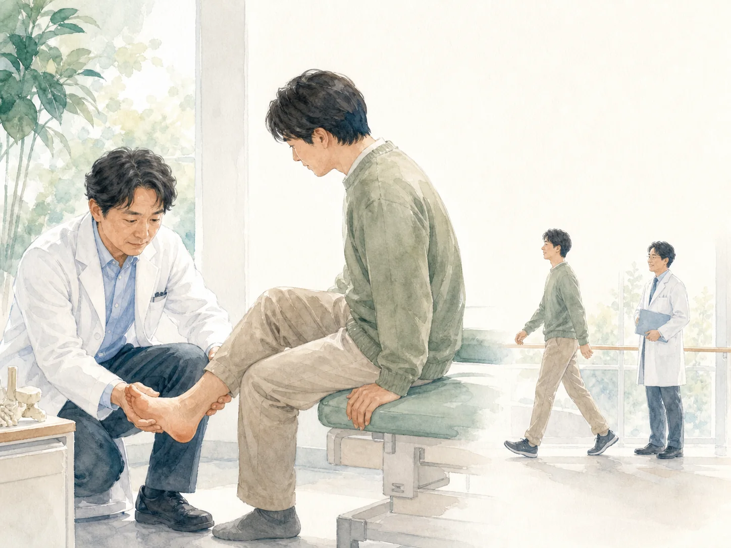 医師が足の状態と歩行を確認する水彩イラスト