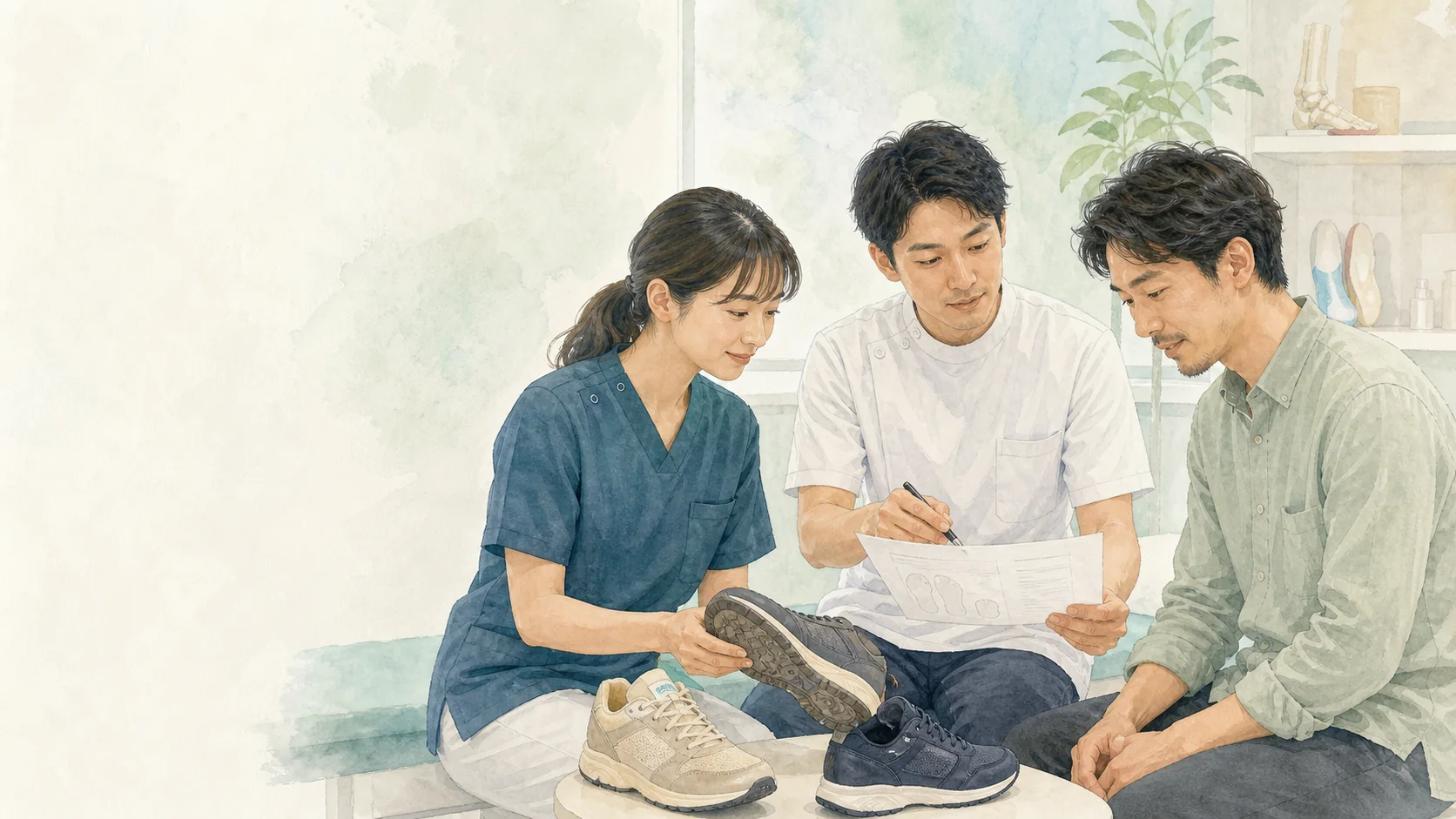 患者と診療チームが靴底と評価内容を一緒に確認する水彩イラスト