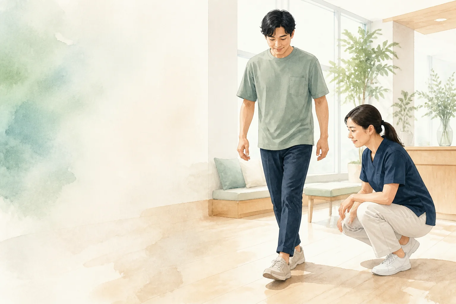 歩く姿勢と足元を医療スタッフが確認する水彩イラスト