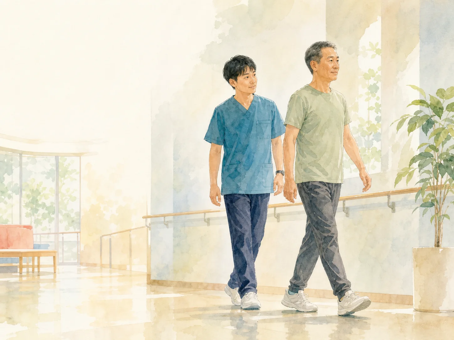 理学療法士が患者の歩行を見守る水彩イラスト
