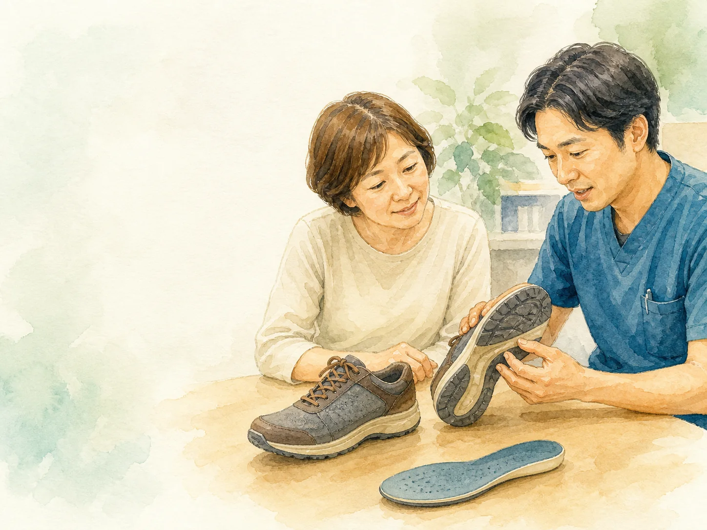 義肢装具士と患者が靴底とインソールを比較する水彩イラスト