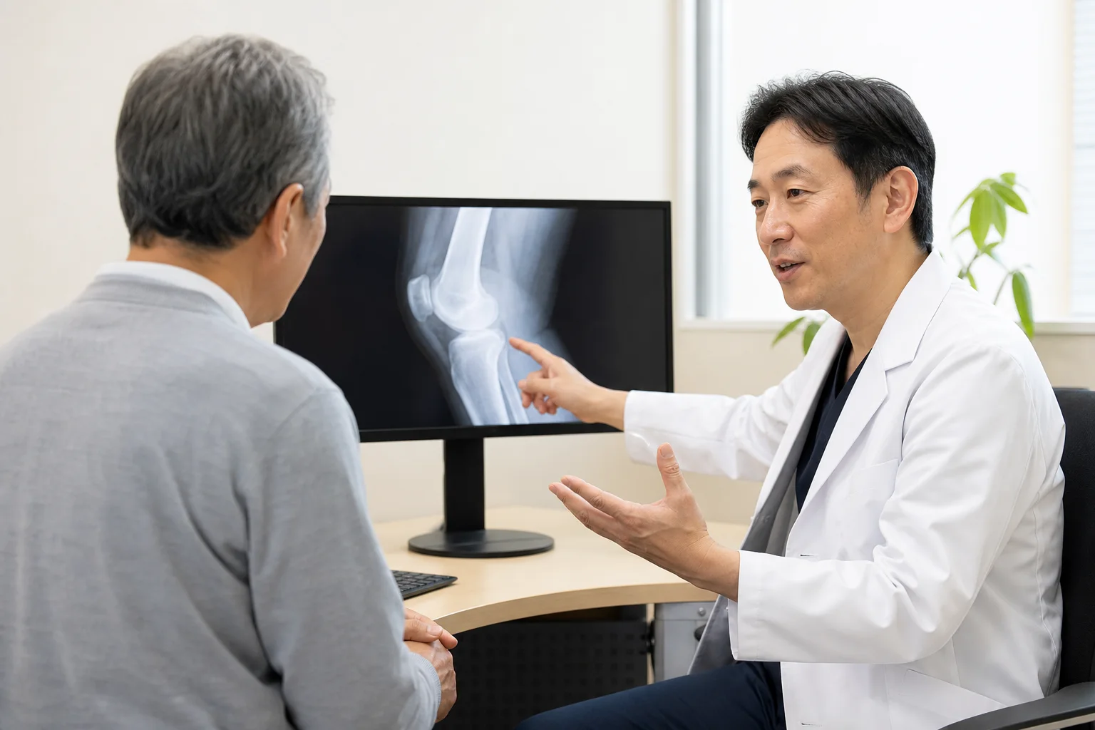 医師が患者さんへ膝の画像と治療選択肢を説明する様子
