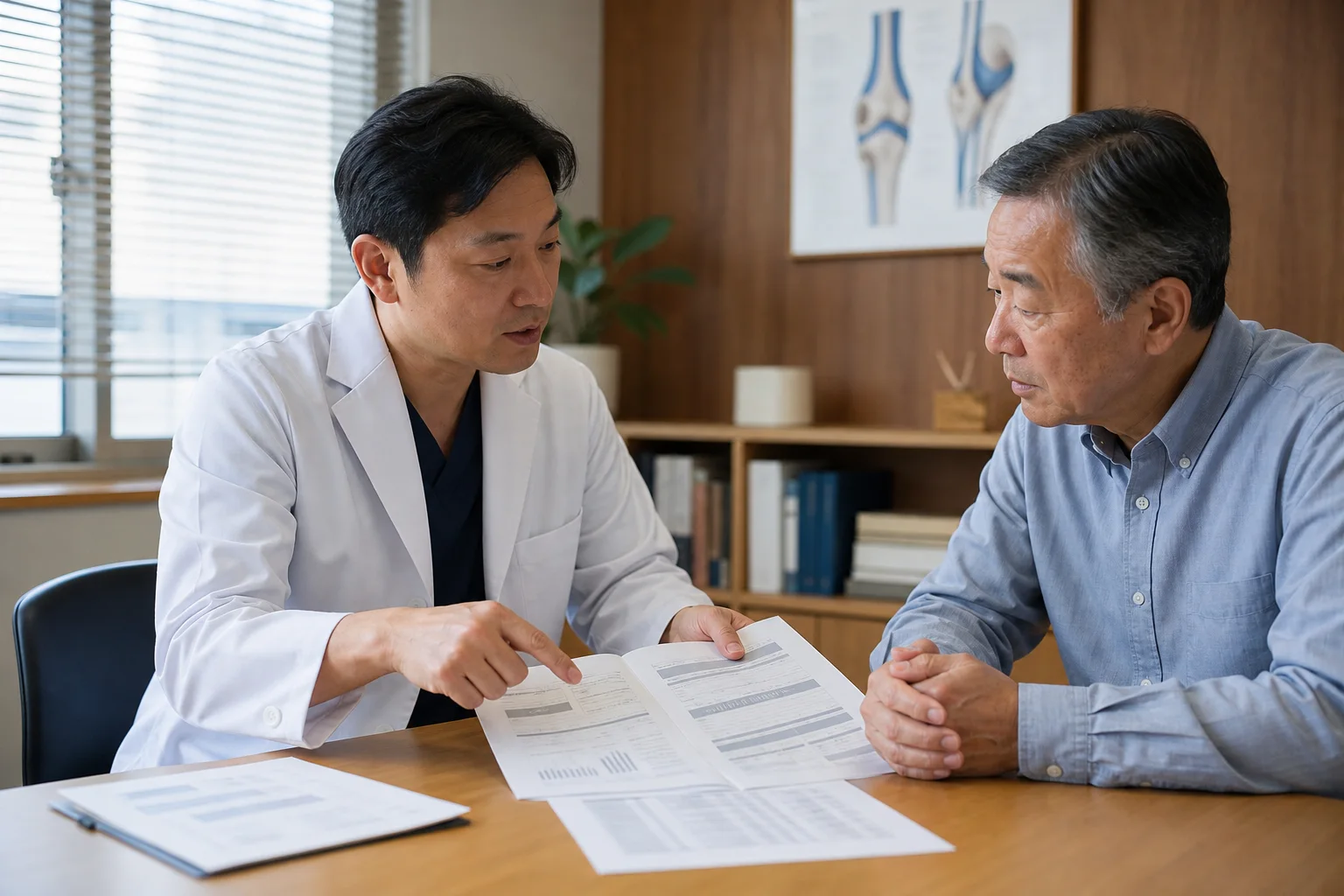 医師が診療指針を確認し治療の根拠と限界を患者さんへ説明する様子