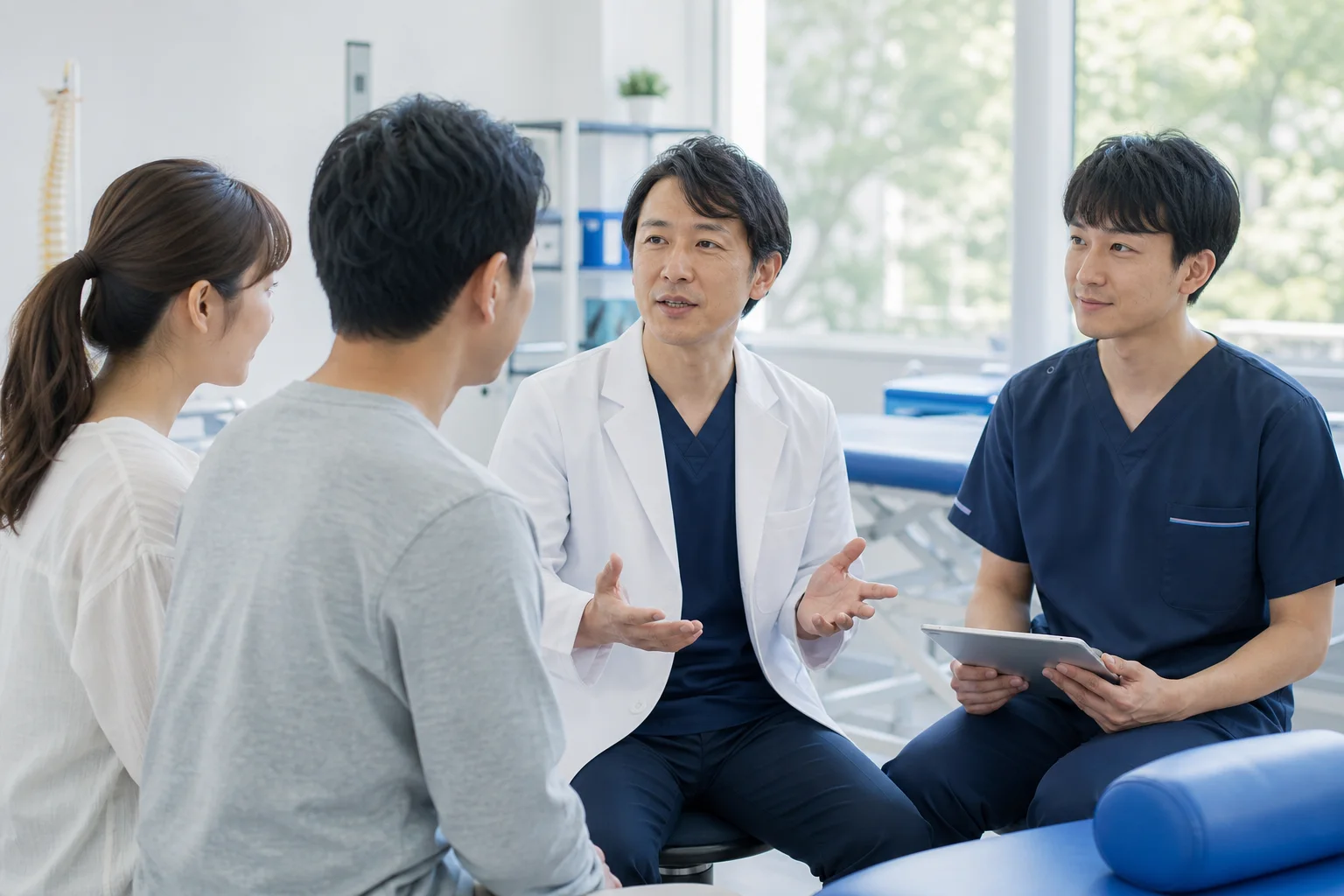 医師と理学療法士が患者さんからの質問に答える様子