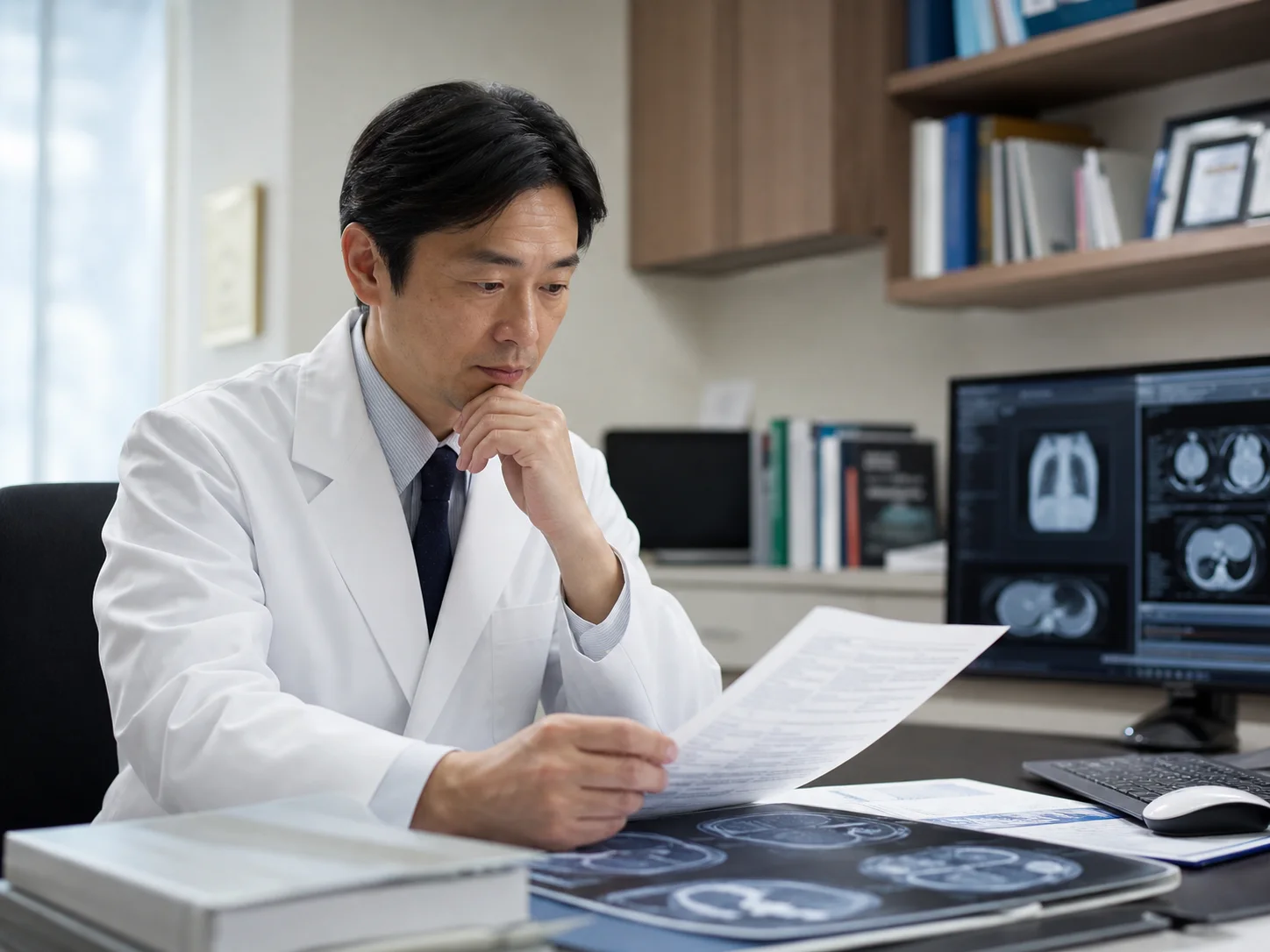 医師が医学研究と画像所見を確認する様子