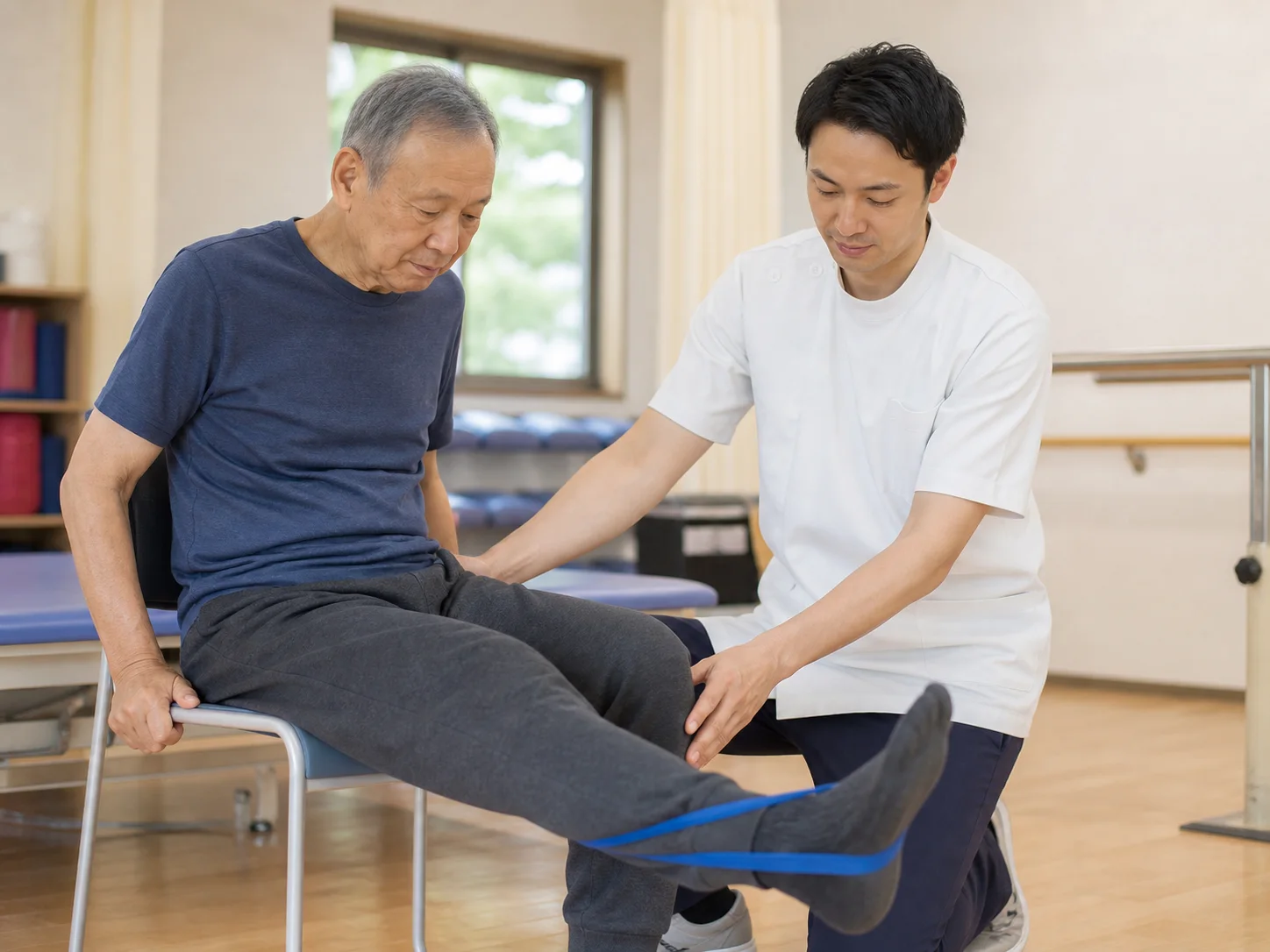 理学療法士が患者さんの膝リハビリを支える様子