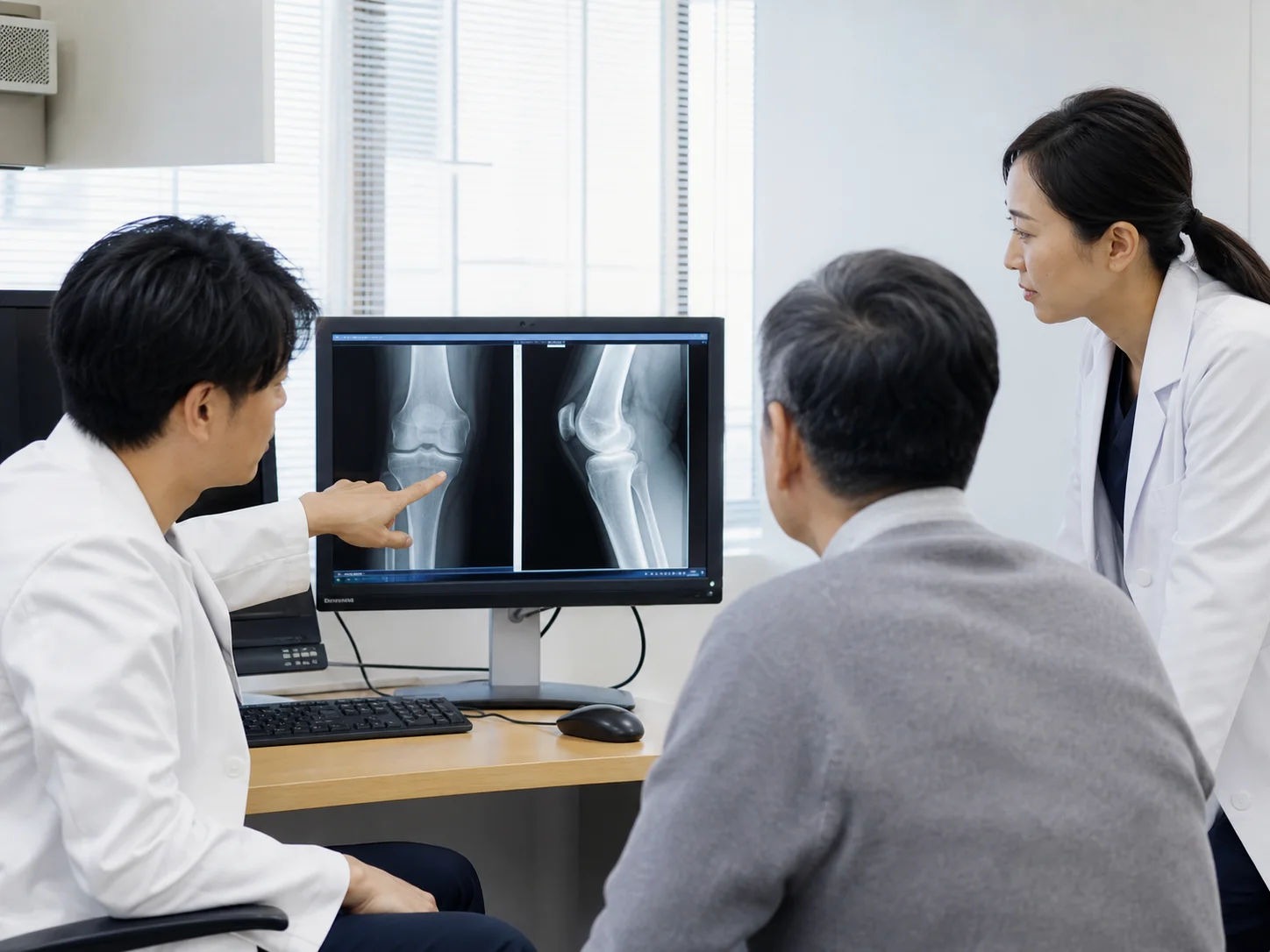 複数の医師が患者さんと画像所見を確認する様子