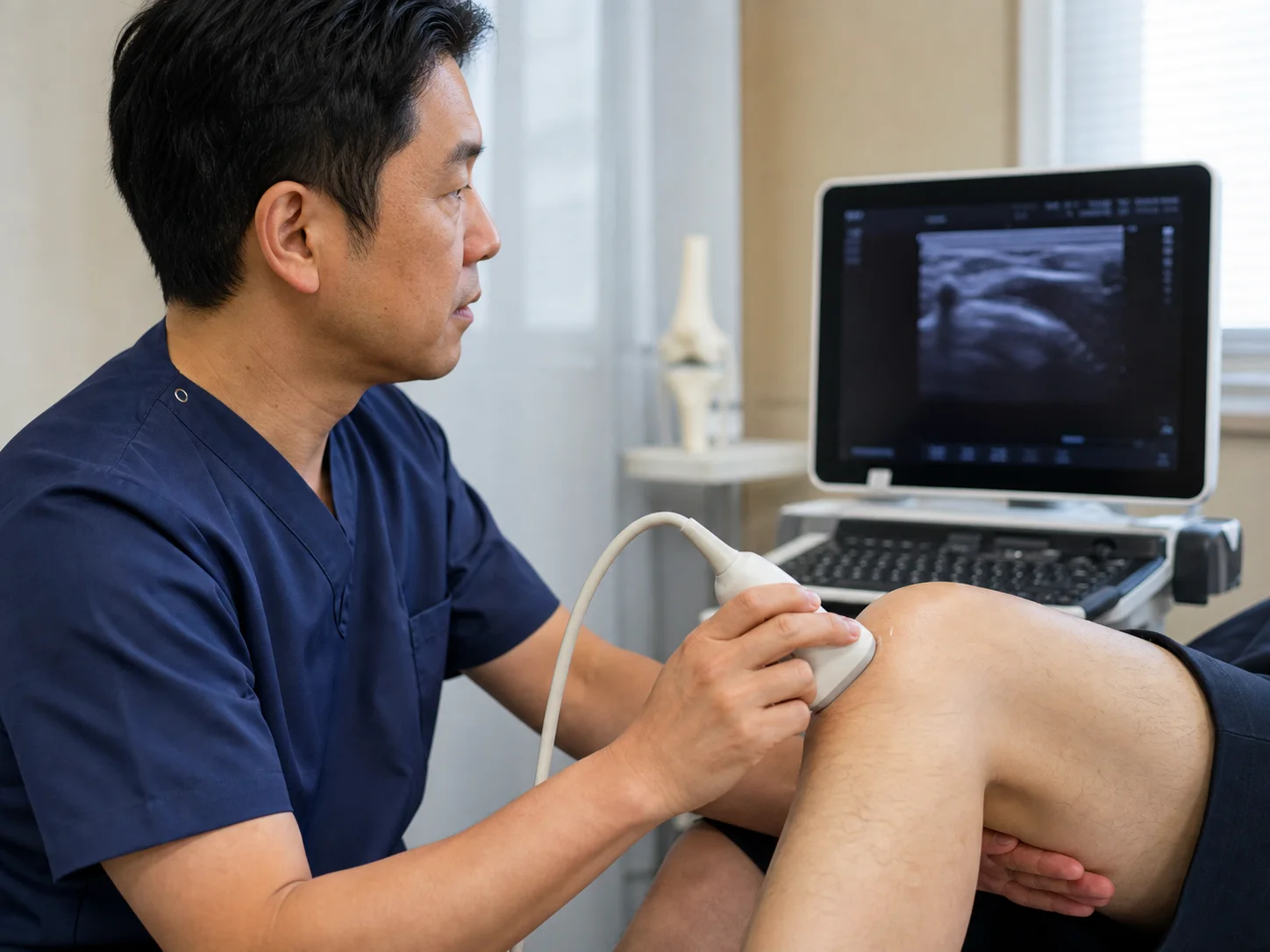 医師がエコーで膝の状態を確認する様子