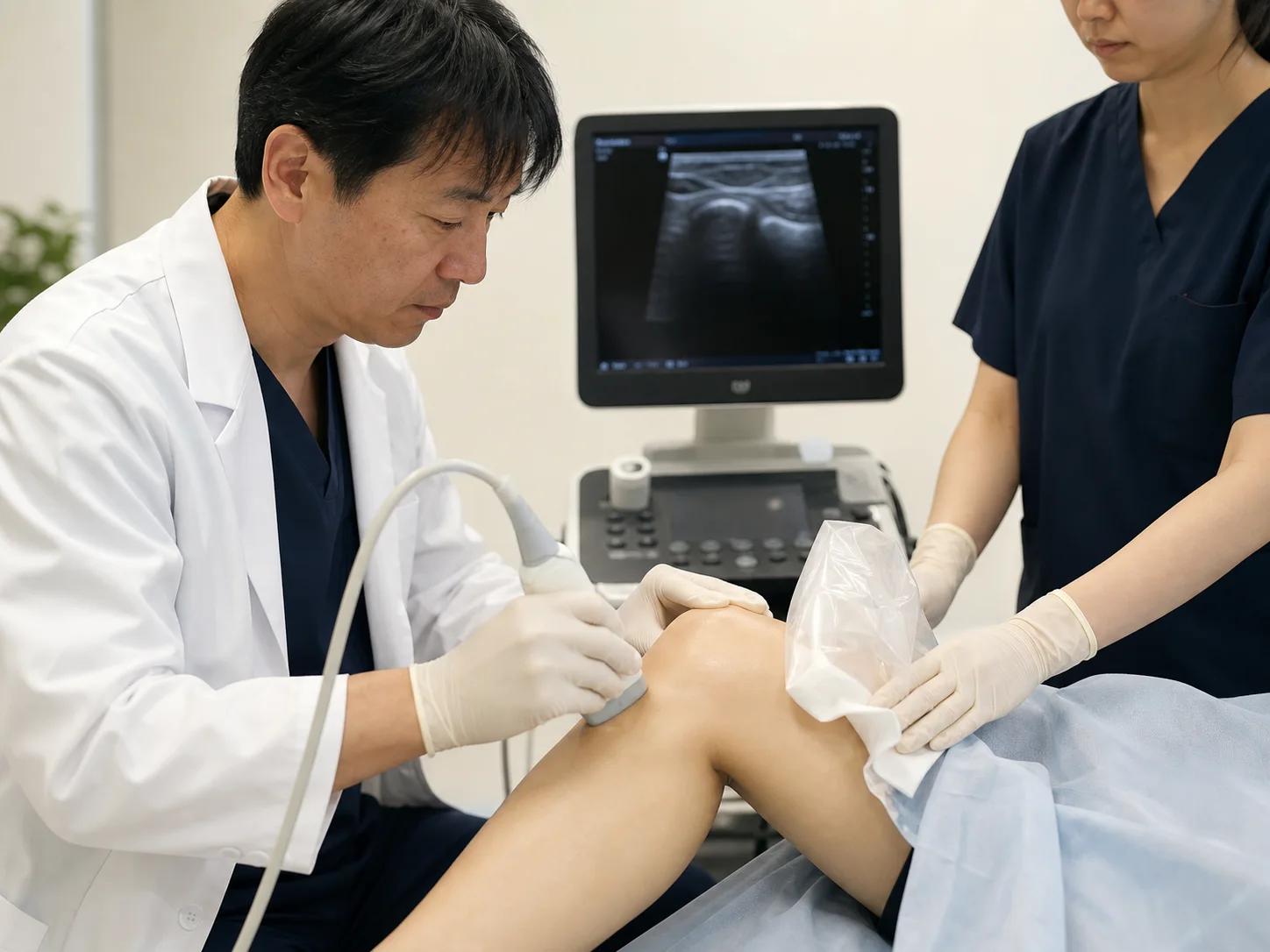 医師がエコーで膝を確認しながら処置を行う様子