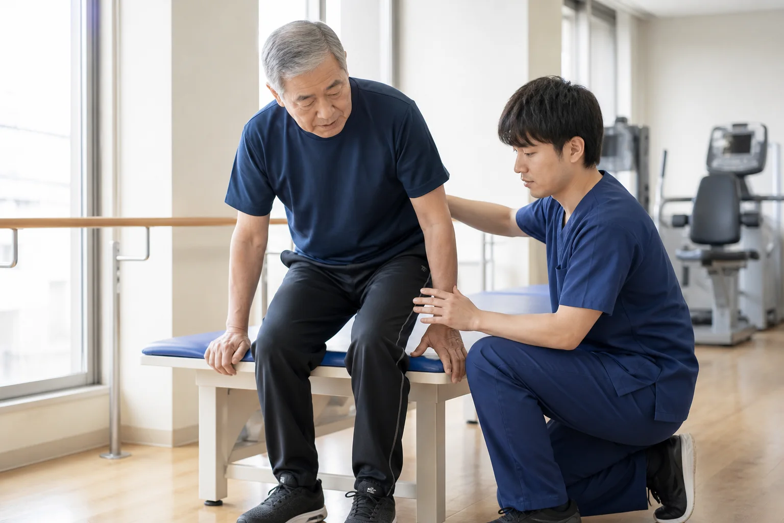 理学療法士が患者さんの膝リハビリをマンツーマンで支える様子