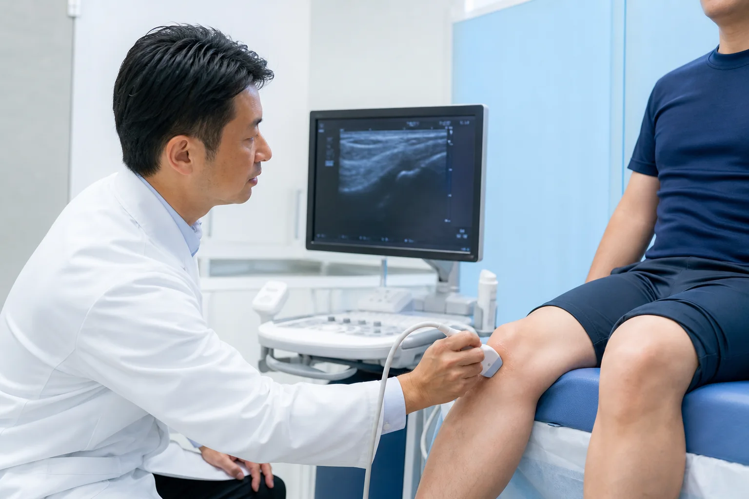 医師がエコーで患者さんの膝を診察する様子