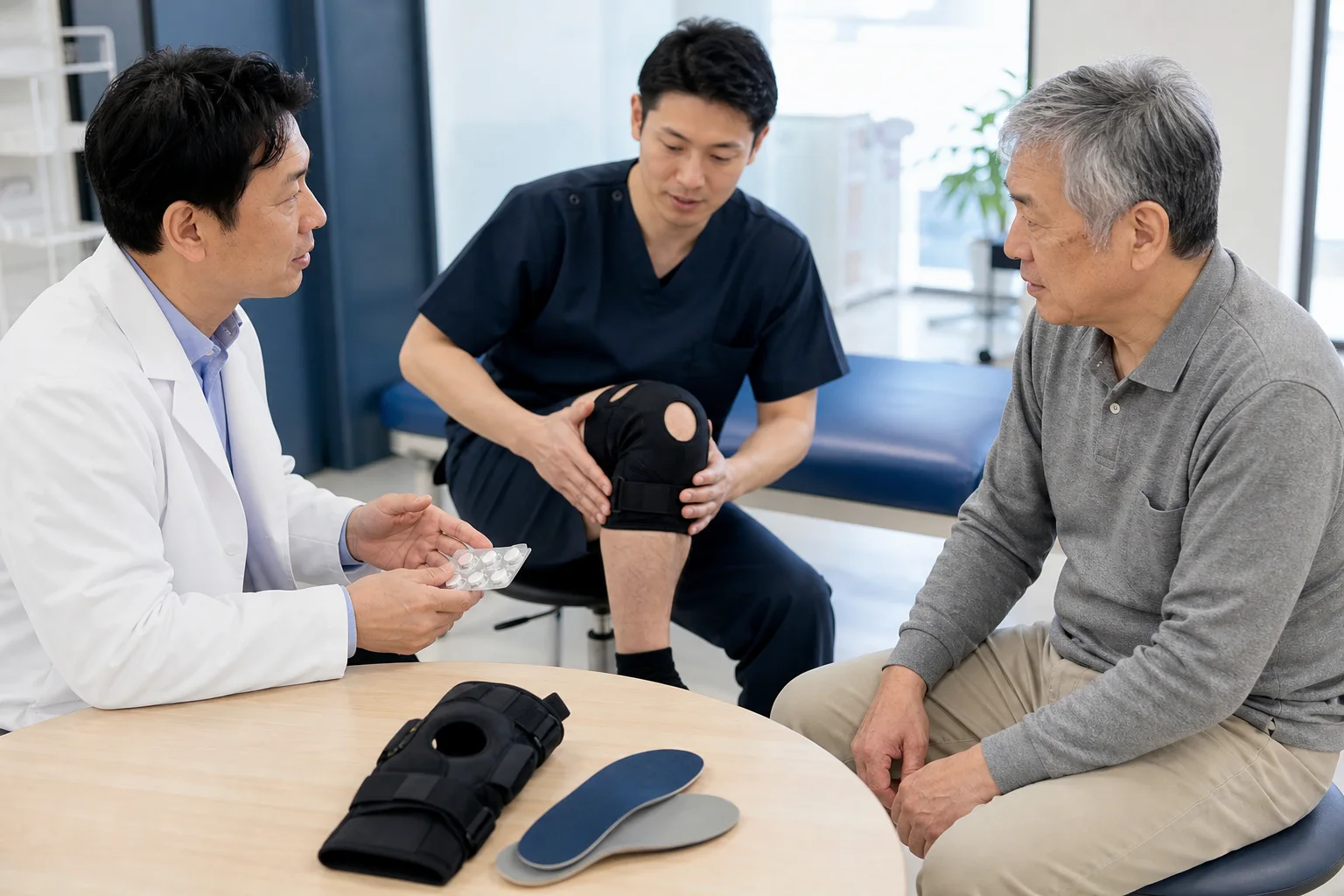 薬の相談、リハビリ、膝装具とインソールを組み合わせて検討する様子