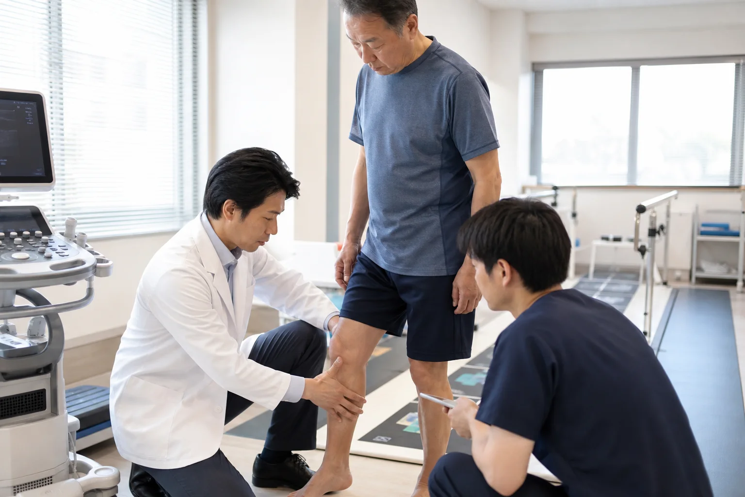 医師と理学療法士が膝、歩行、足圧を組み合わせて評価する様子