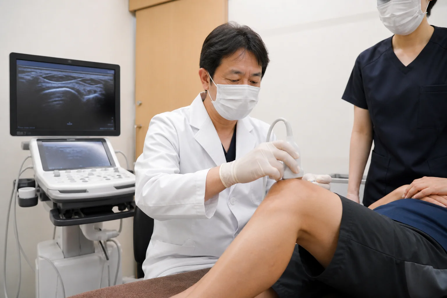 エコーで膝を確認しながら処置を行う医師