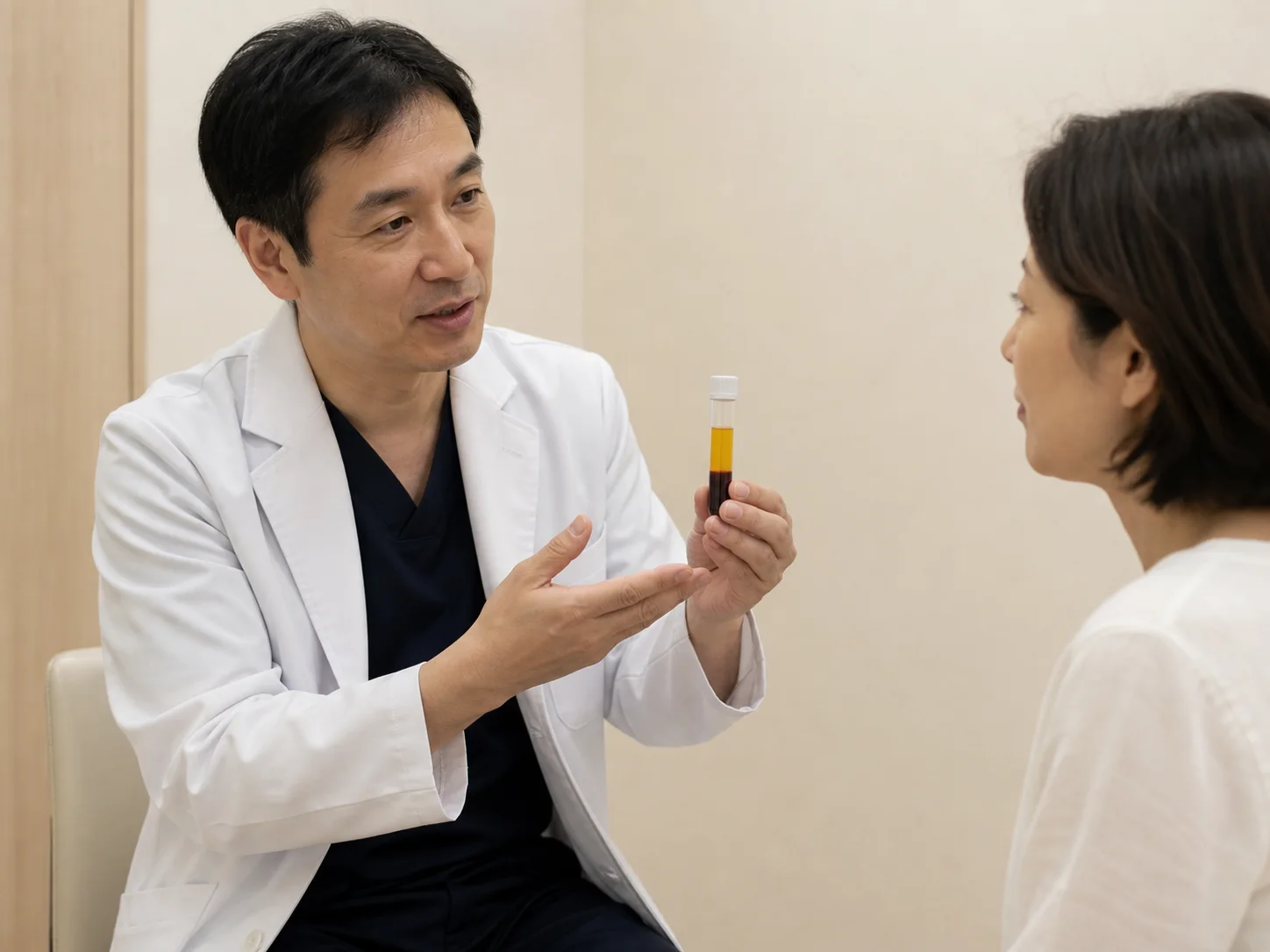 自己血を用いるPRPについて医師から説明を受ける患者さん