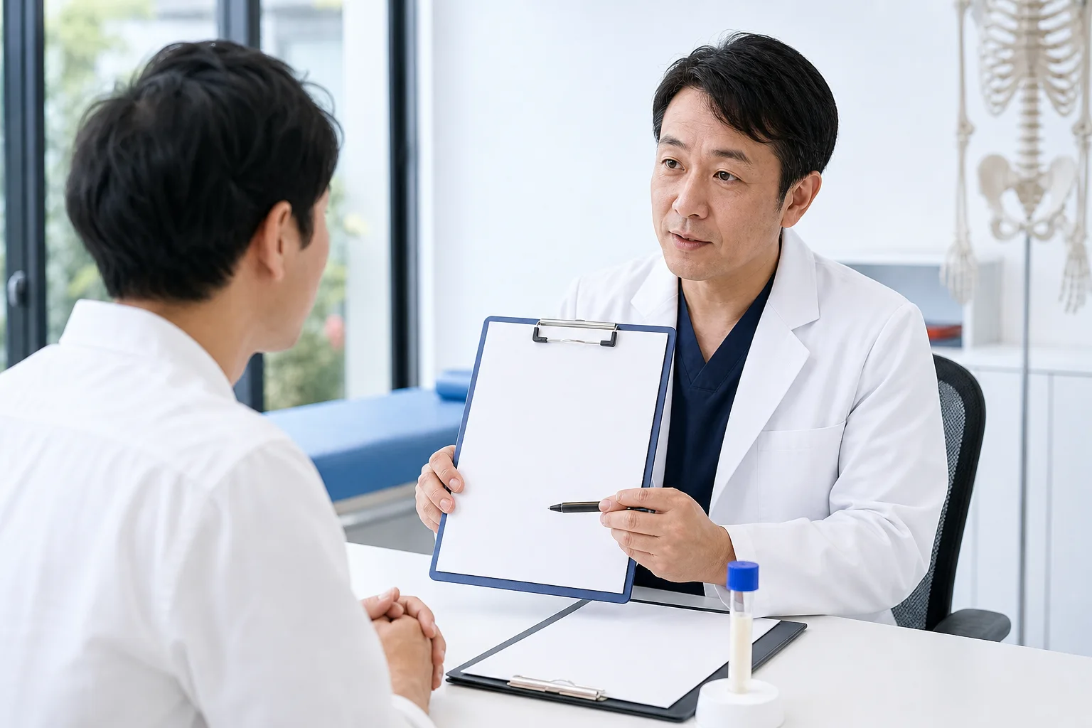 医師が患者さんへPRPと連携医療施設への紹介を説明する様子