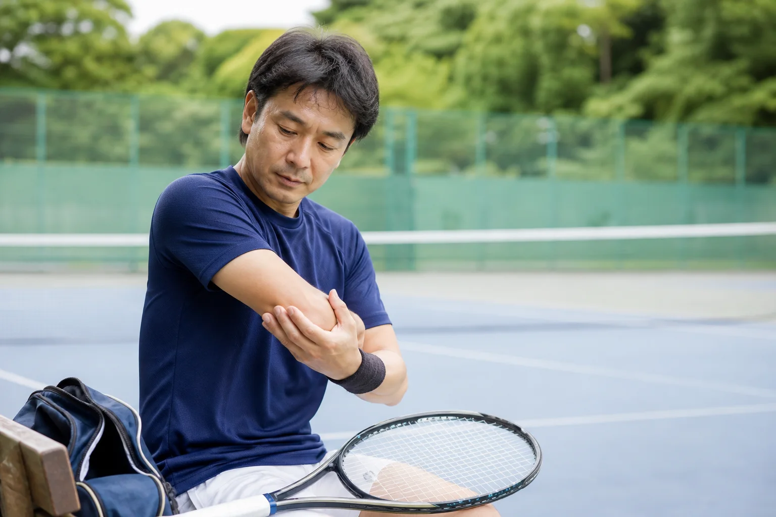 テニス後に肘の状態を確認する日本人の患者さん