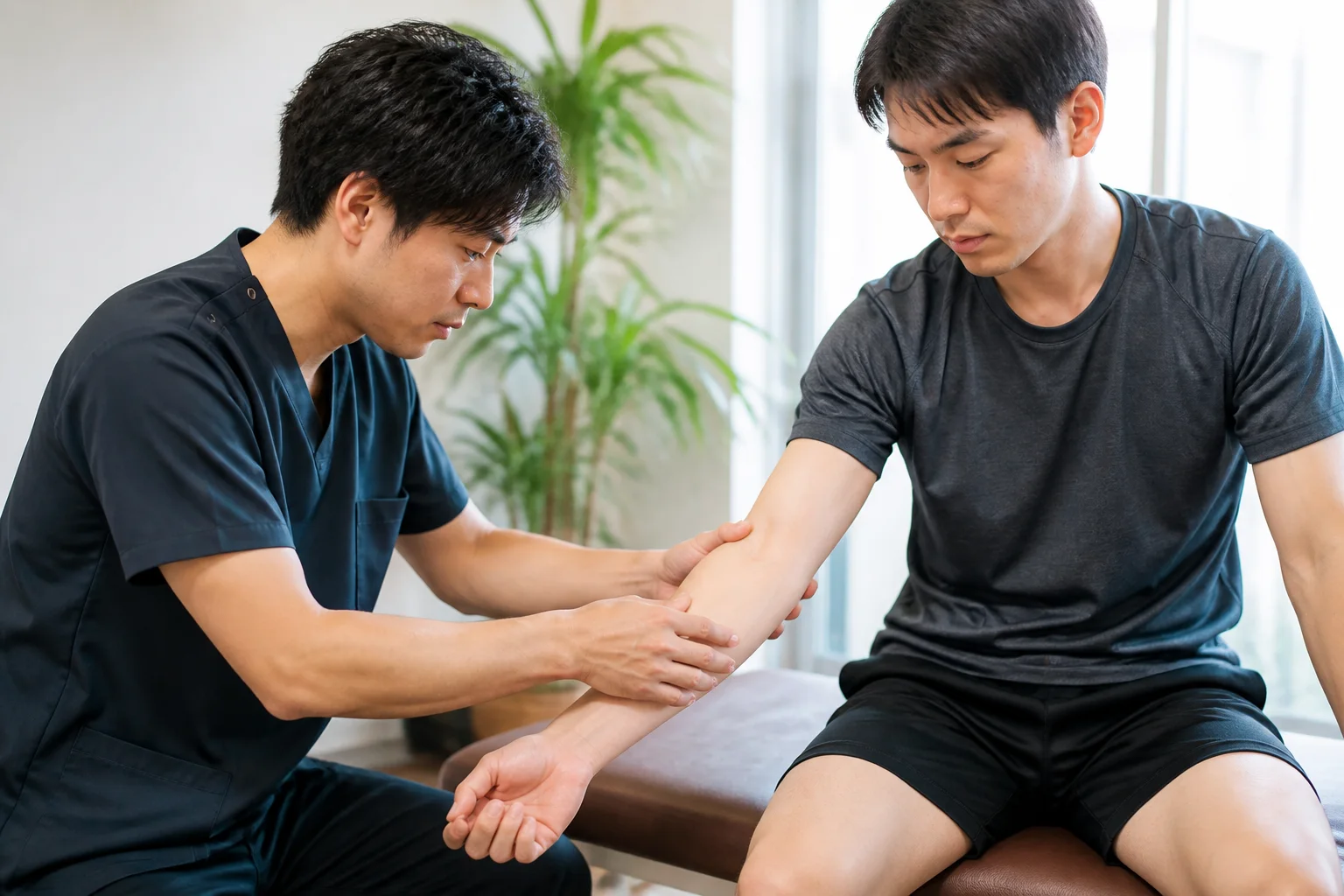 医療スタッフが患者さんの肘と前腕を診察する様子
