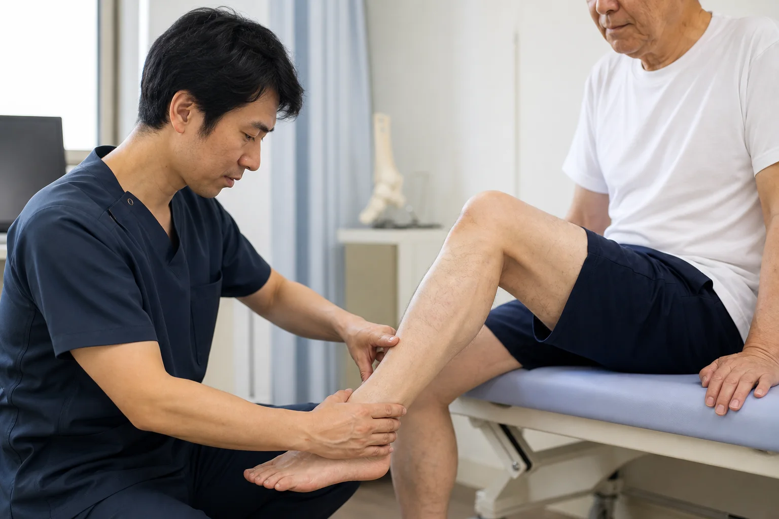 医療スタッフが患者さんの足と足首を診察する様子