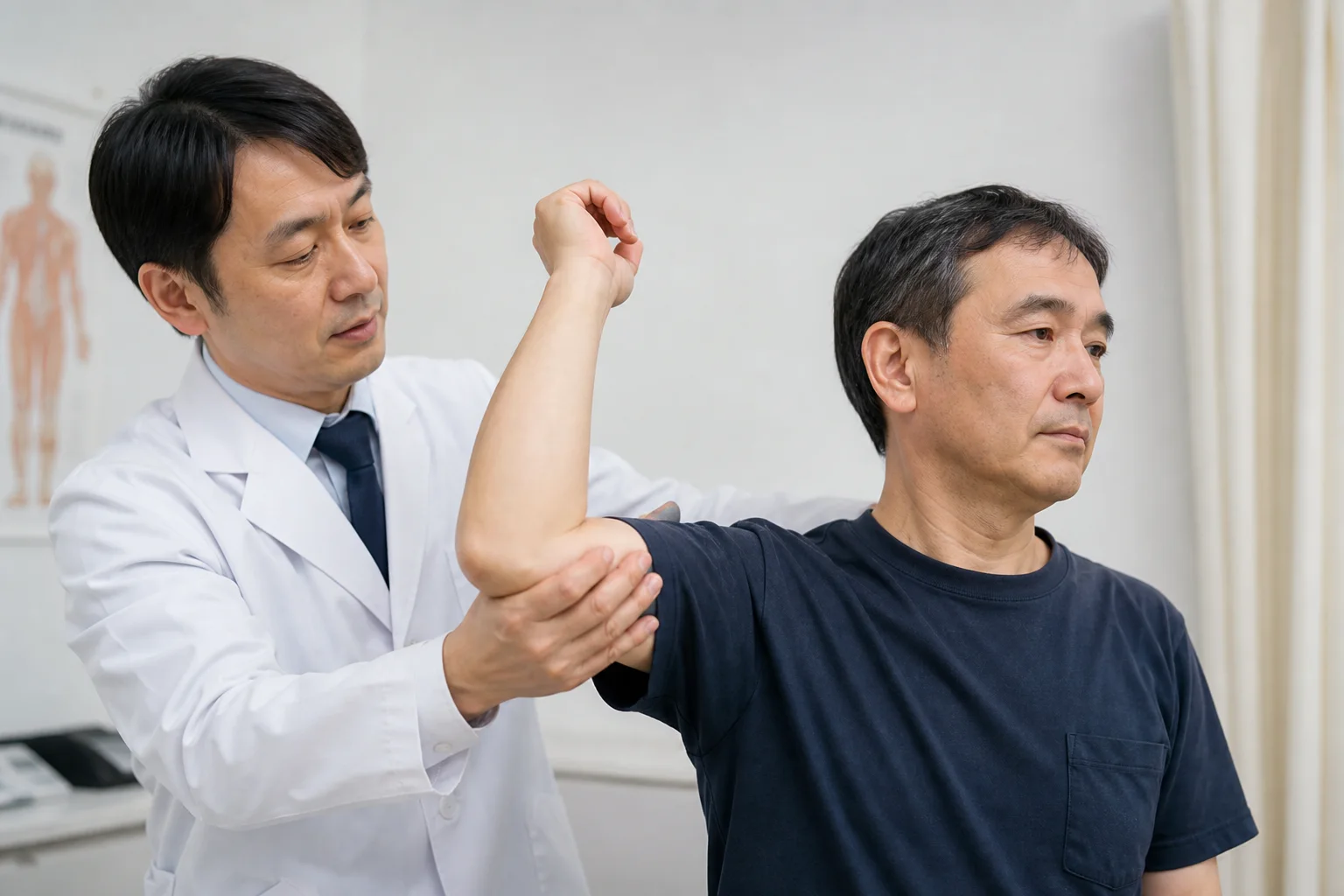 医師が患者さんの肩の動きを診察する様子