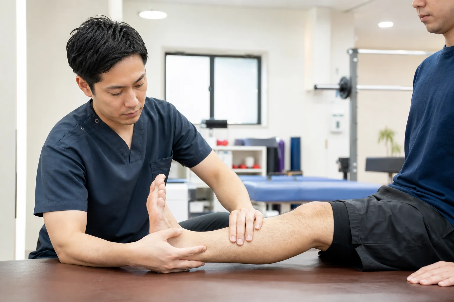 理学療法士が患者さんの腱と足首の安定性を評価する様子