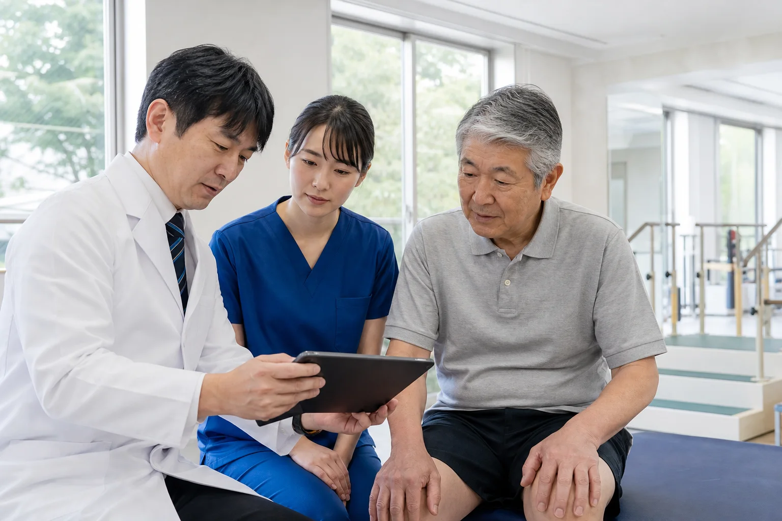 医師と理学療法士が患者さんと治療経過を振り返る様子