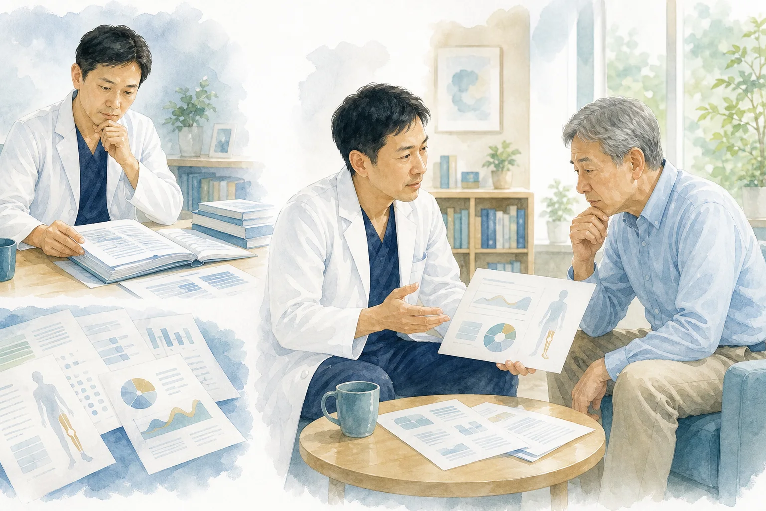 医師が診療指針や研究結果を確認し、治療の根拠と限界を患者さんに説明する様子