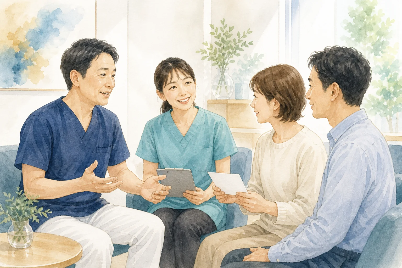 医師と理学療法士が患者さんからの質問に丁寧に答える様子