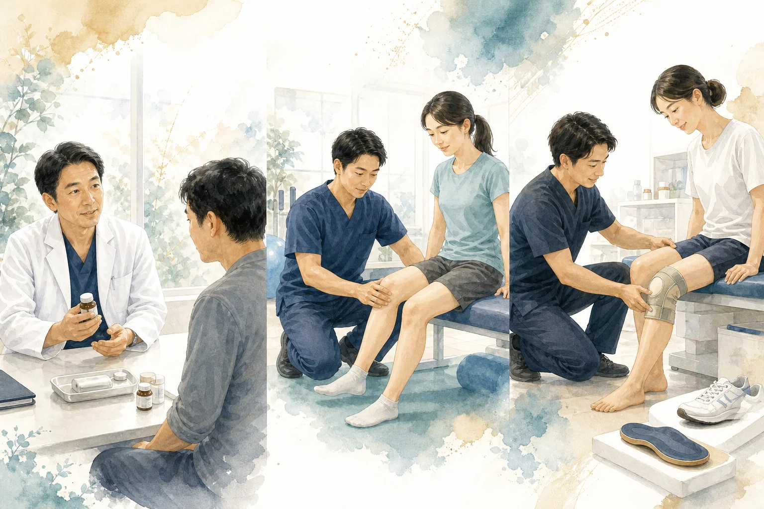 薬の相談、マンツーマンのリハビリ、膝装具とインソールの調整を連携して行う様子