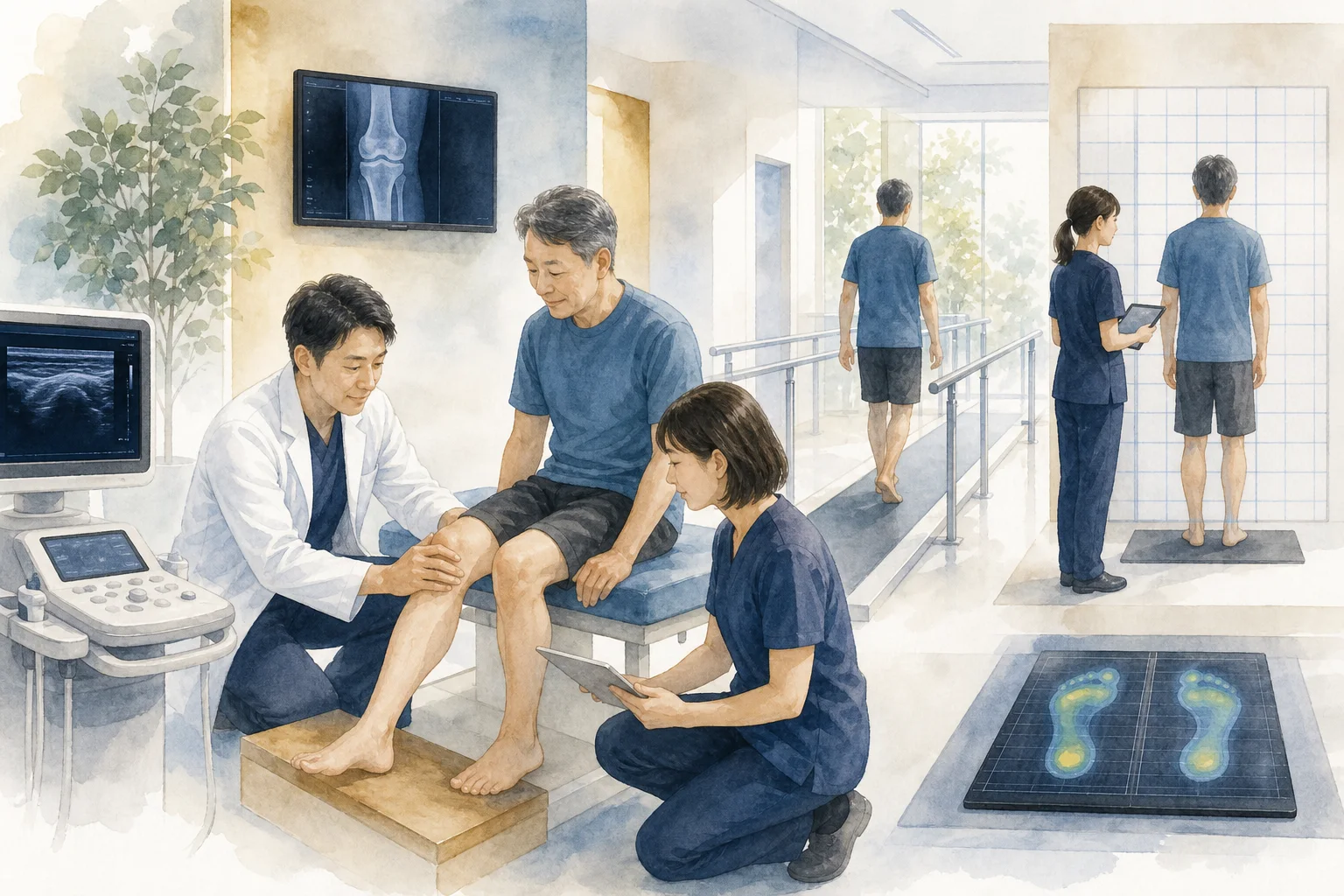 医師と理学療法士がエコー、レントゲン、歩行、姿勢、足圧を組み合わせて膝を評価する様子