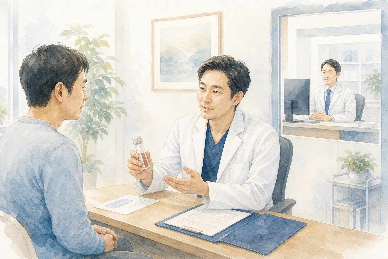 院内PRPの説明と連携医療施設への紹介について医師が患者さんへ説明する様子