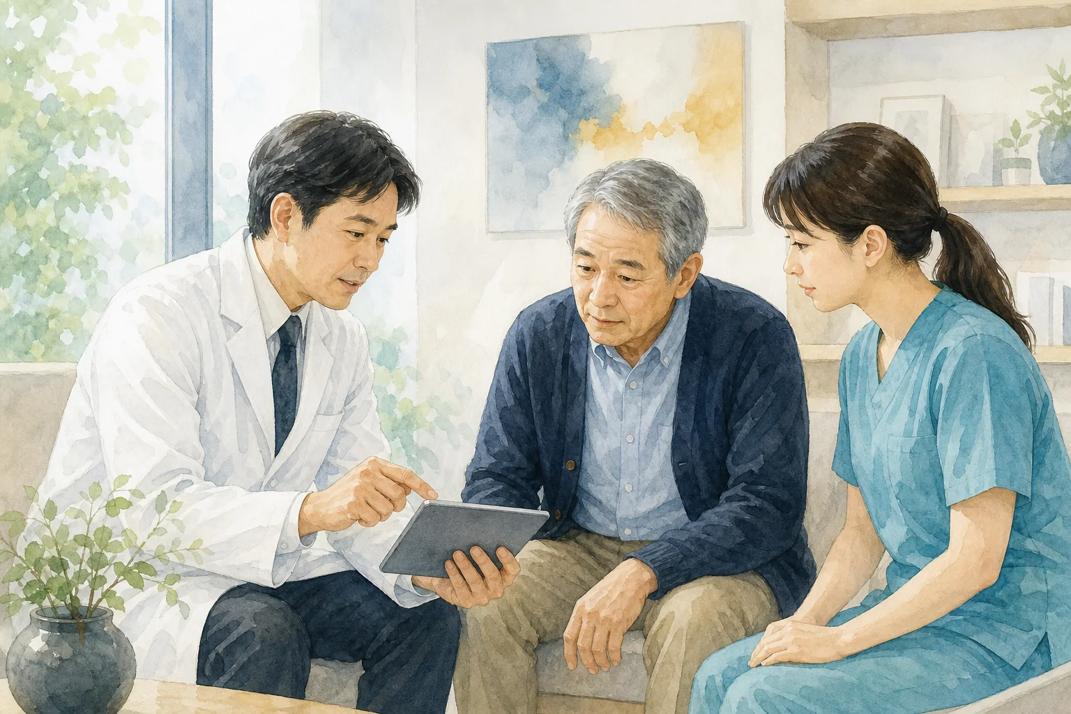 医師と理学療法士が患者さんと治療経過を振り返り、次の選択肢を相談する様子