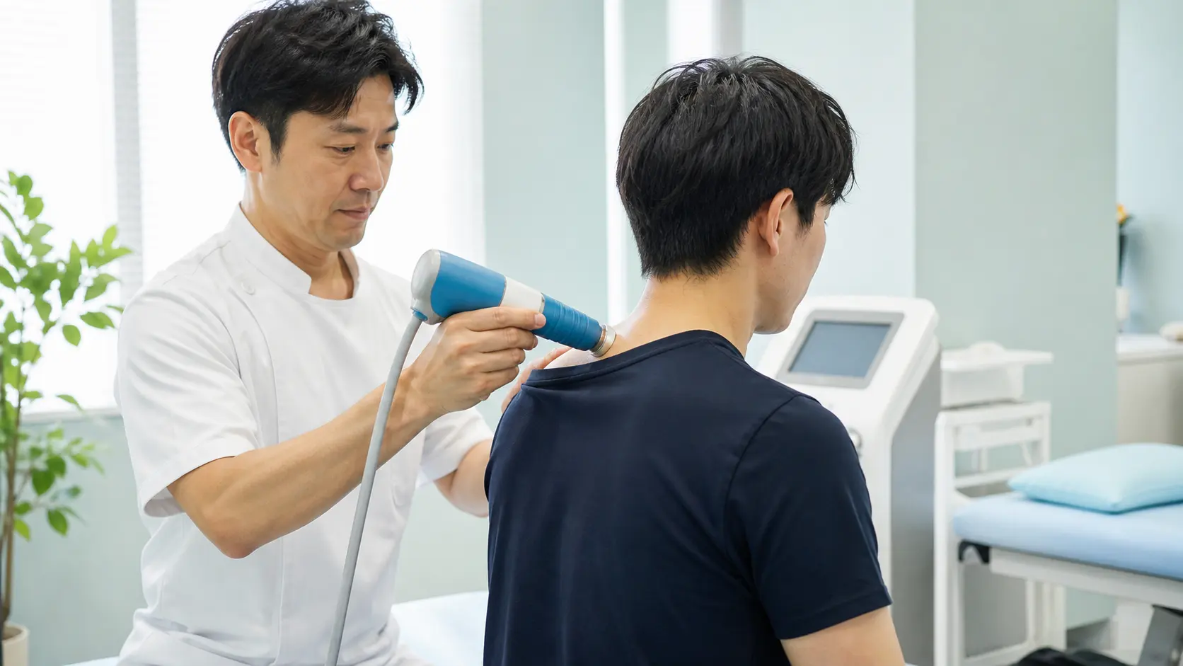 肩まわりへ体外衝撃波治療を行う場面