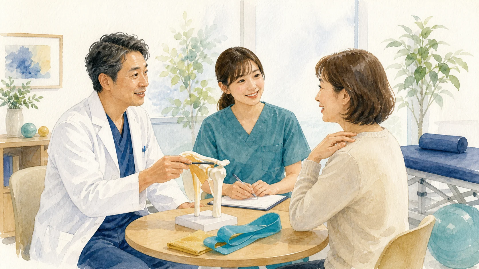 肩こり治療について医師へ質問し説明を受ける患者のイラスト
