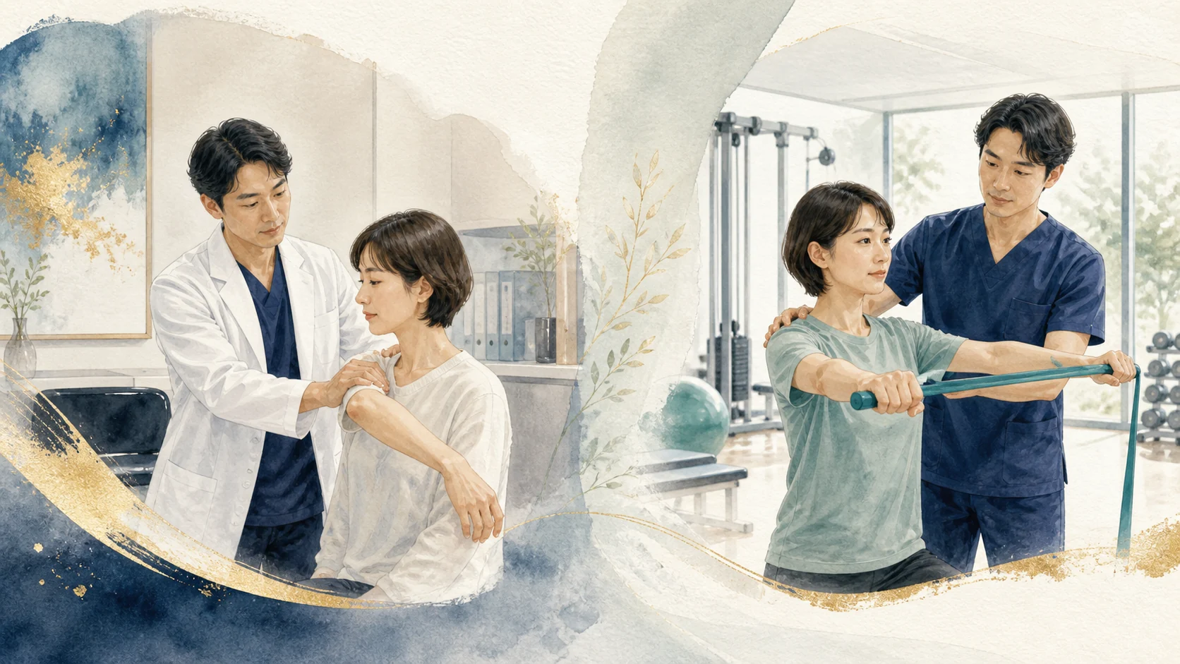 短期的な症状緩和から中長期のリハビリへつなぐ治療方針のイラスト