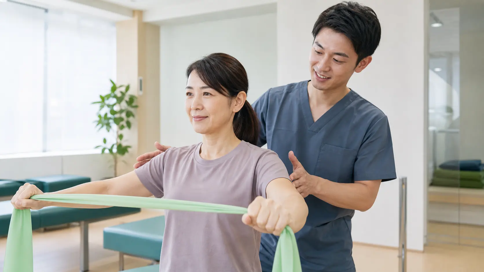 医療者のサポートを受けながら肩まわりの運動に取り組む患者
