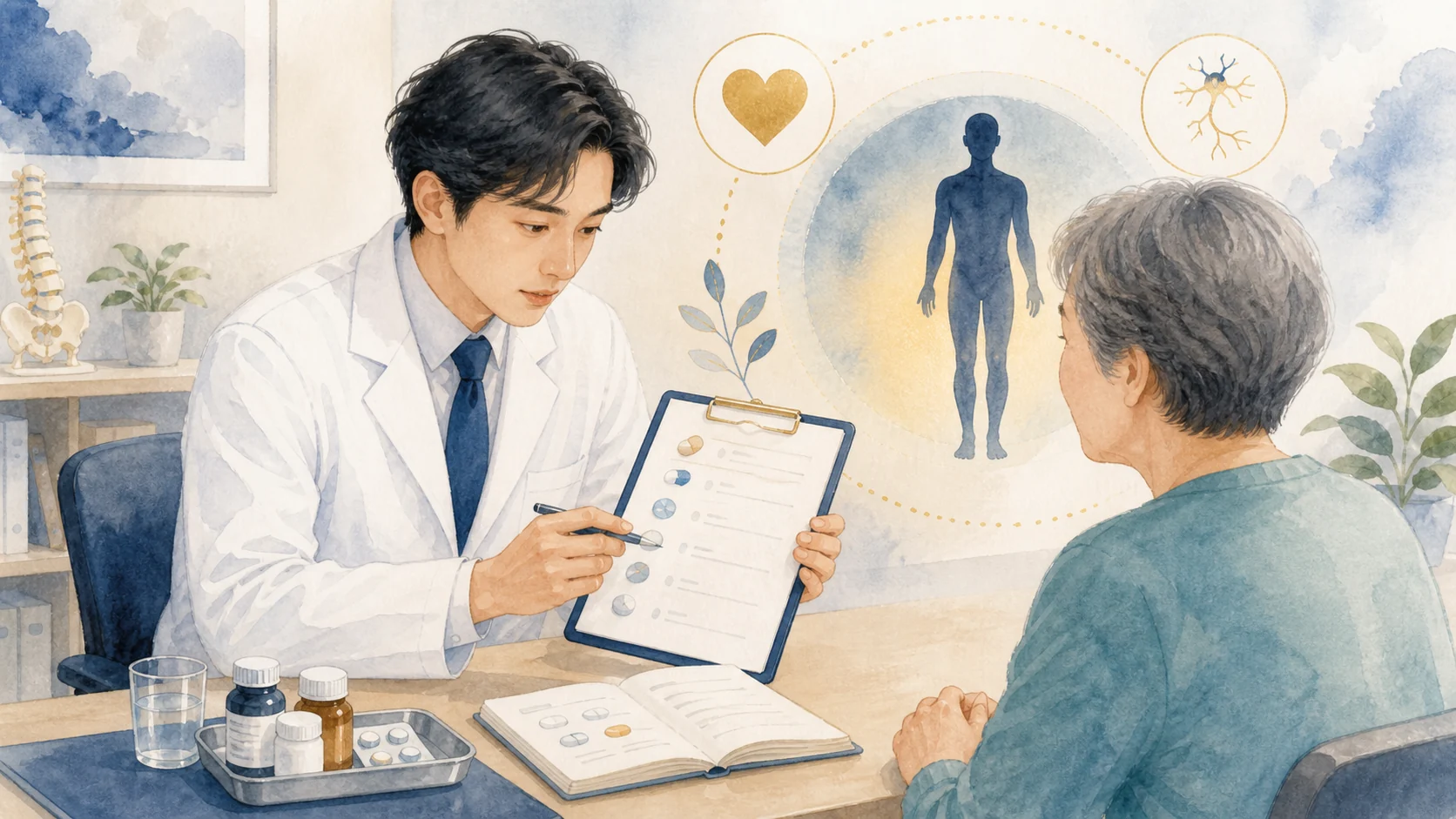 服薬や体調を医師に伝えて安全を確認する診察場面のイラスト