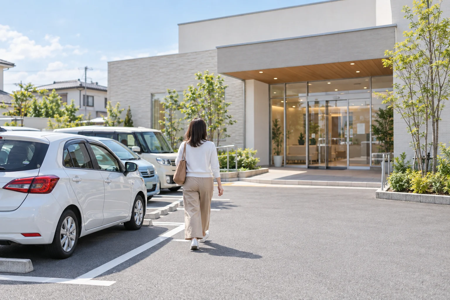 駐車した車からクリニックの入口へ歩く女性