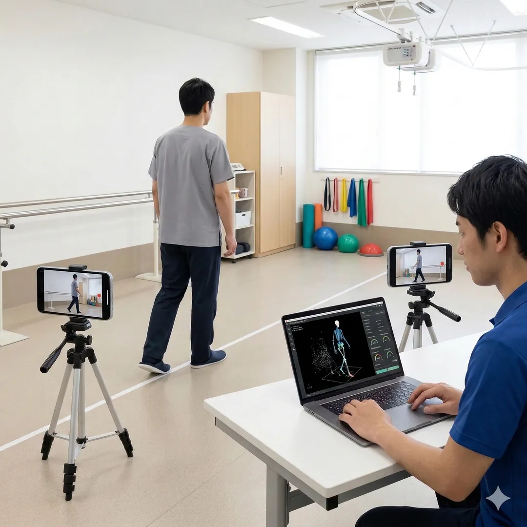 正面と側面の二方向から歩行を撮影し解析するイメージ