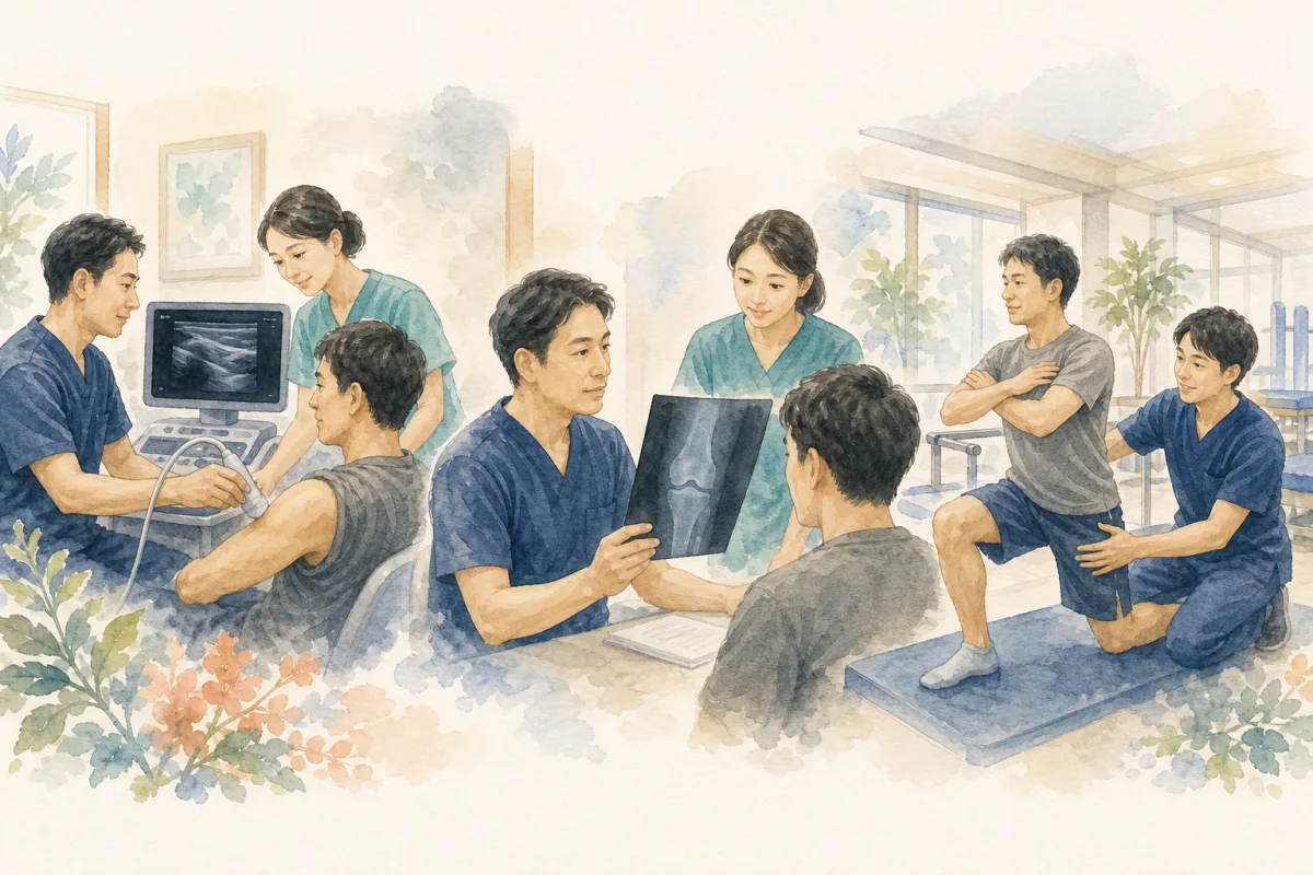 当院で行う検査と治療を表した水彩イラスト
