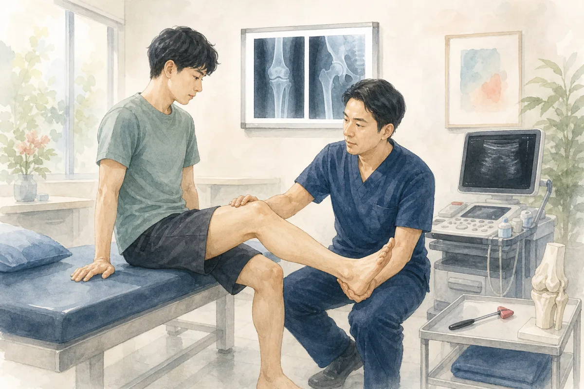 診察と検査の様子を表した水彩イラスト
