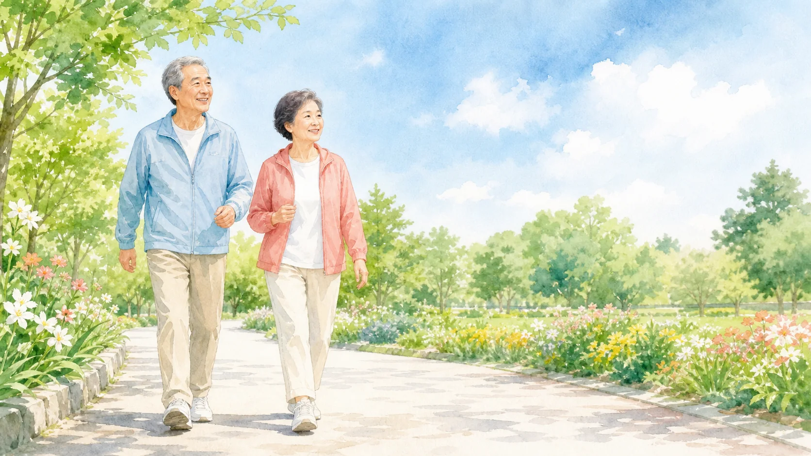膝の治療後も活動的に歩く日本人のイラスト