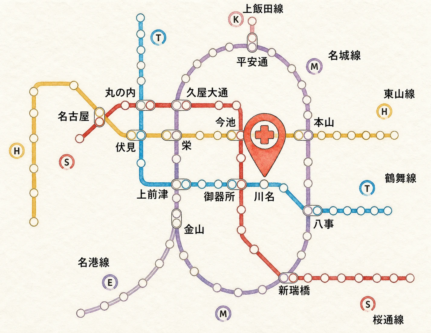 名古屋駅・金山駅から川名駅までの地下鉄路線図(水彩イラスト)